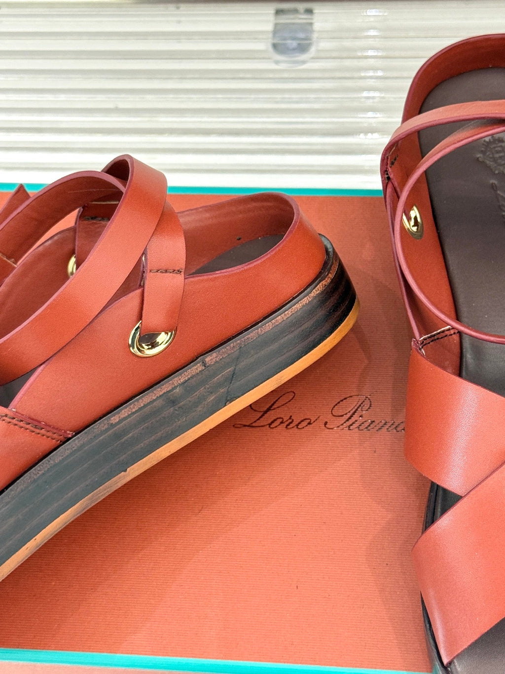 SANDALS THICK SOLE CROSS STRAP IN BURNT ORANGE AND BROWN CALFSKIN