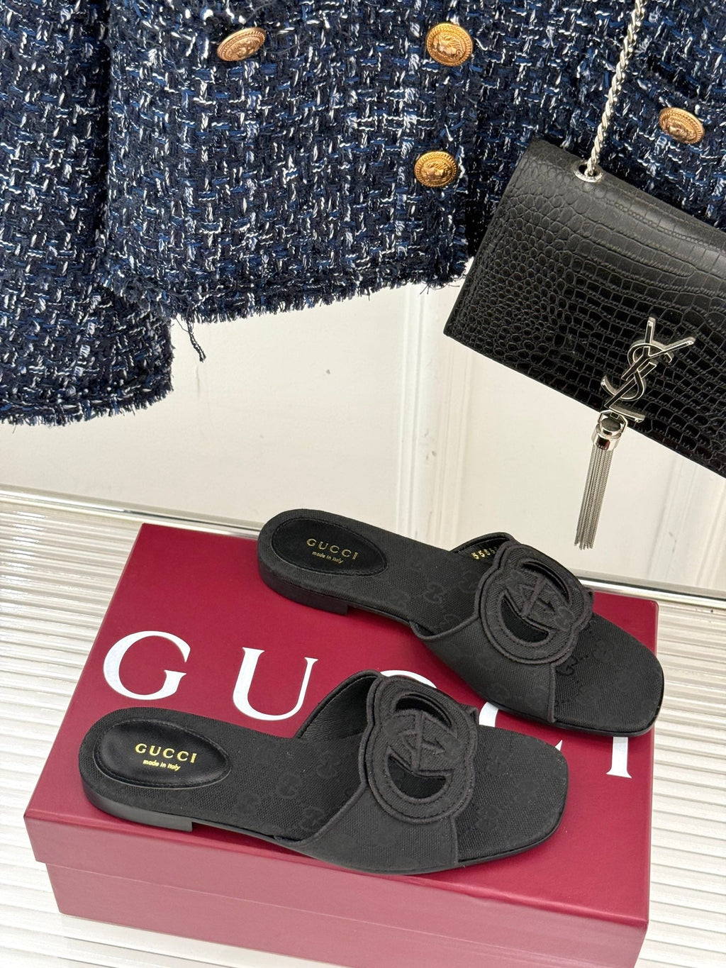 SLIDE SANDALS IN BLACK FABRIC EMBOSSED LOGO STYLE 1