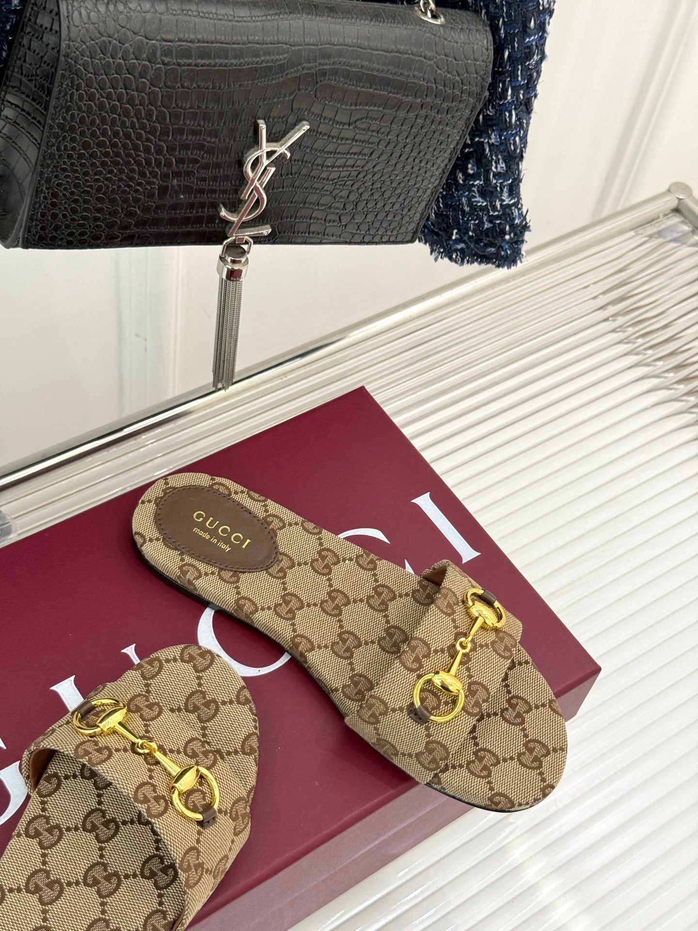 SLIDE SANDALS IN DARK BEIGE FABRIC EMBOSSED LOGO