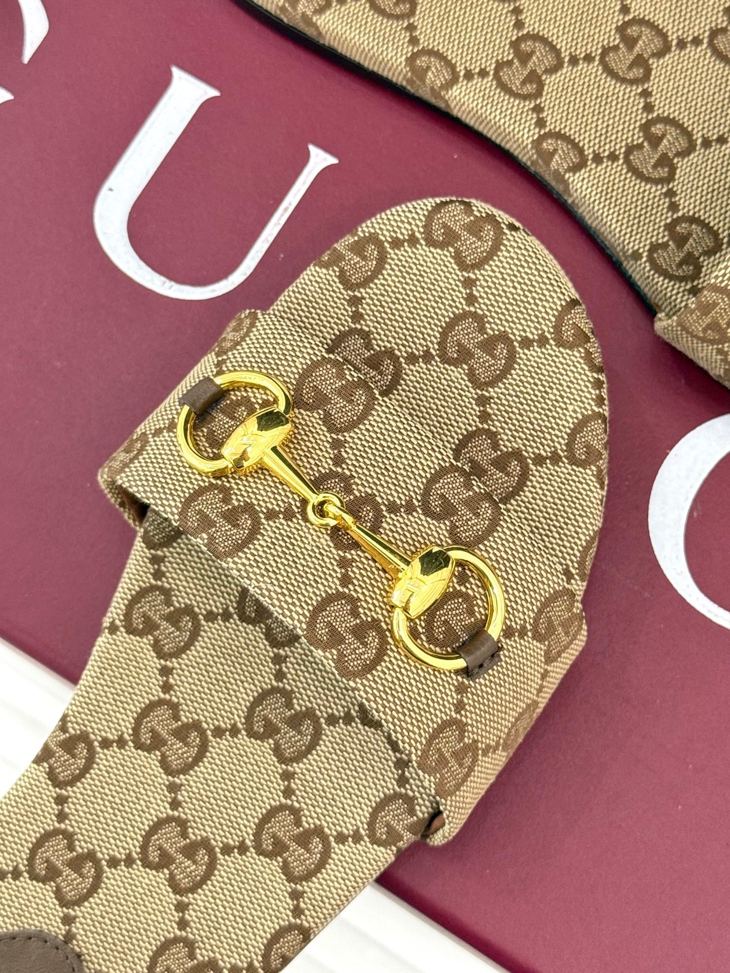 SLIDE SANDALS IN DARK BEIGE FABRIC EMBOSSED LOGO