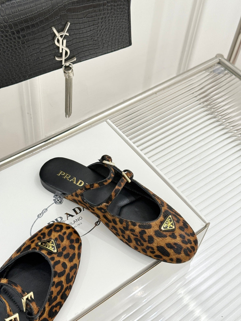 PRADA 25S DUAL MARY JANE BALLERINA MULES IN LEOPARD PRINT PONY HAIR