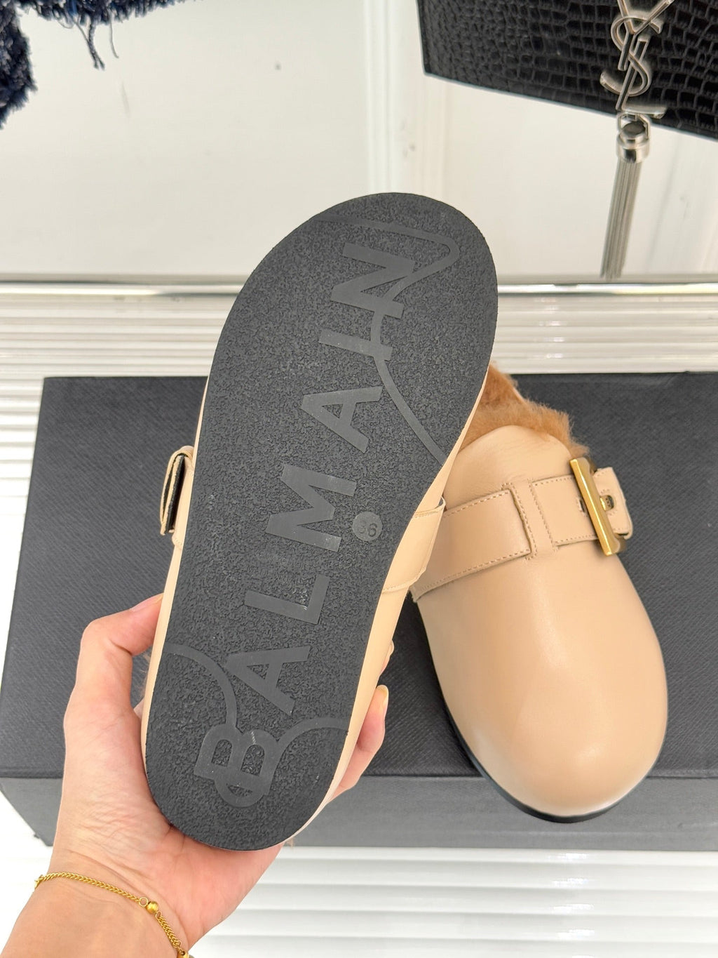 BALMAIN 26S ANTHEM MULES IN BEIGE CALFSKIN