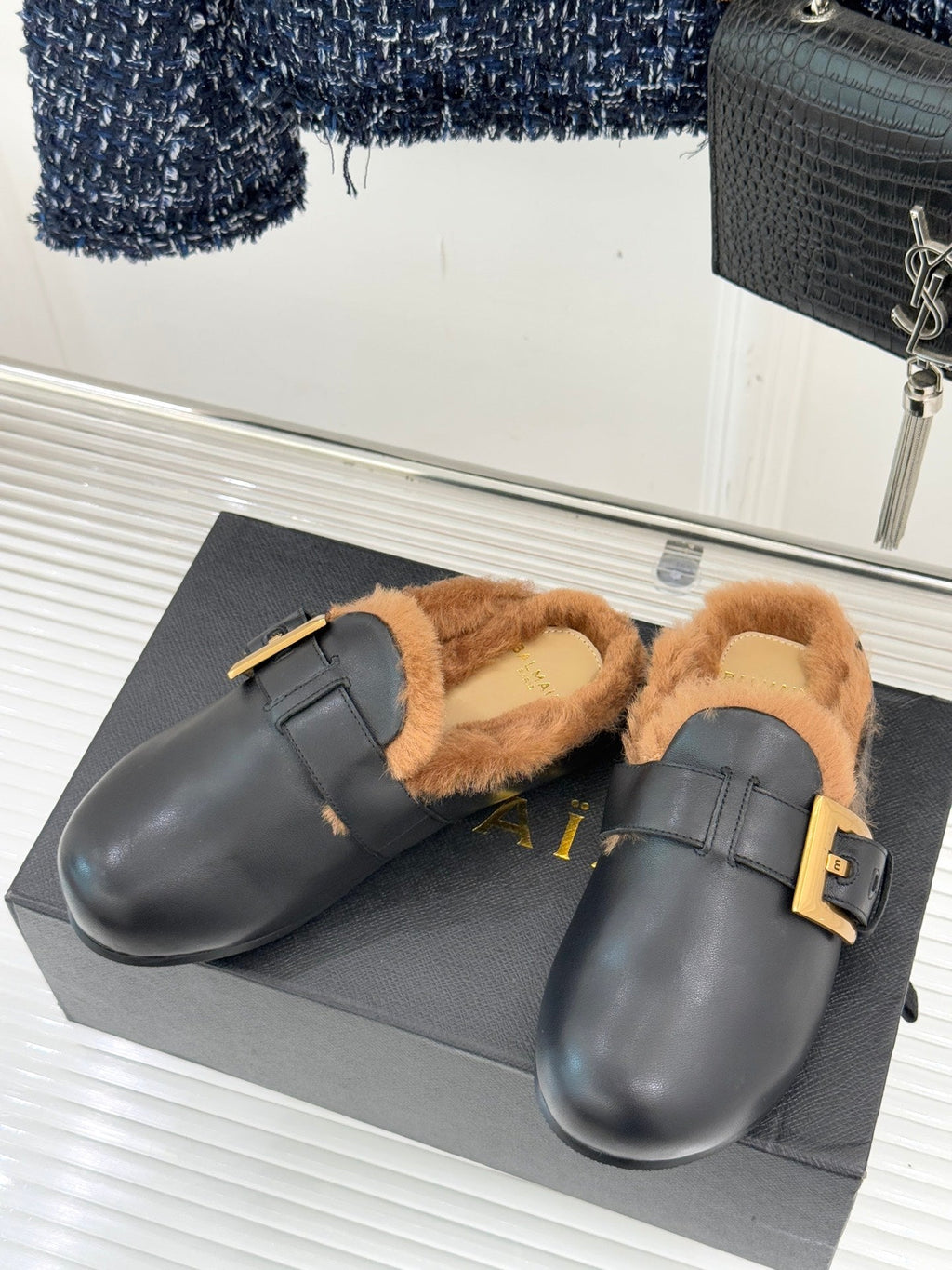 BALMAIN 26S ANTHEM MULES IN BLACK CALFSKIN