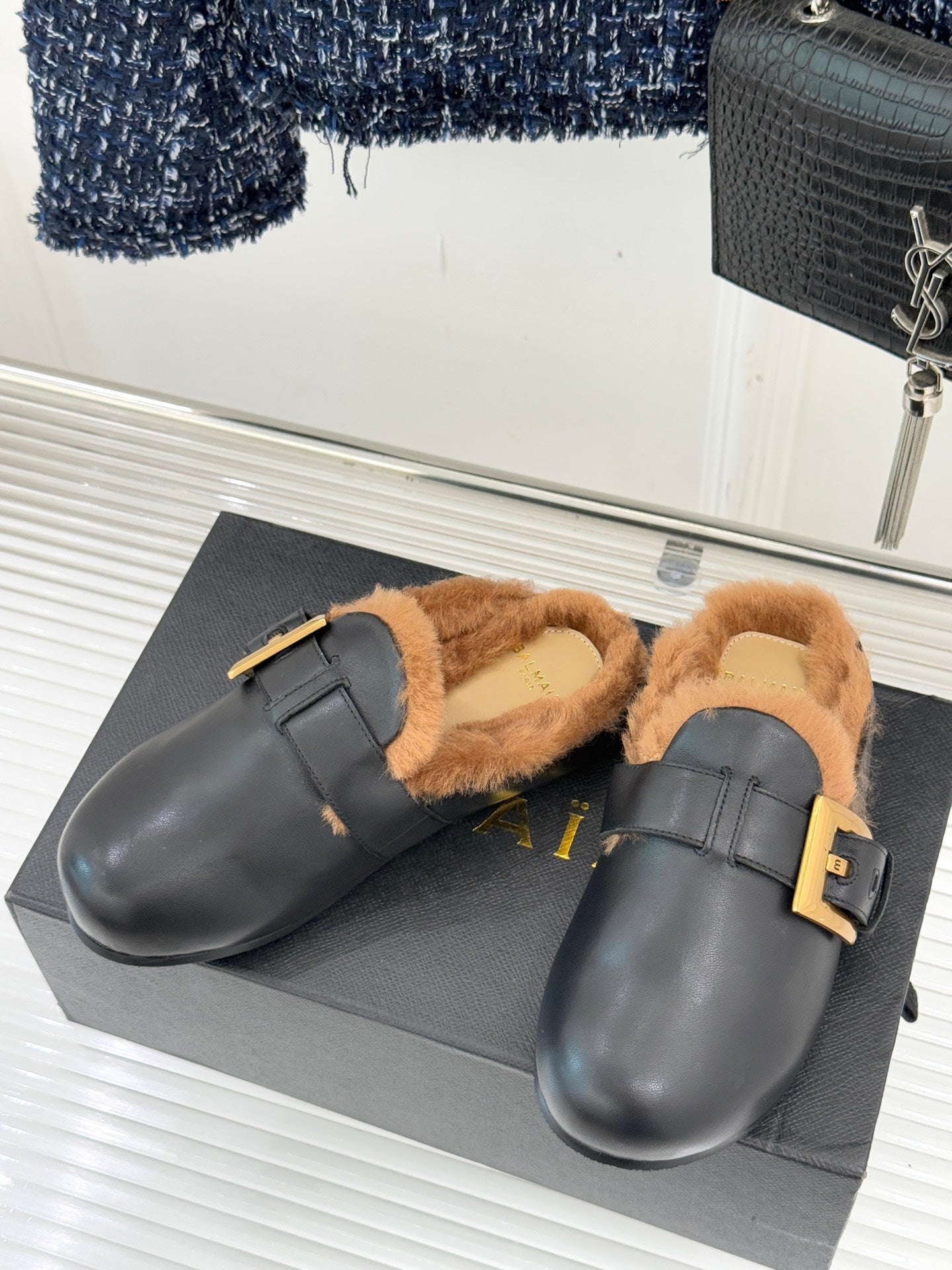BALMAIN 26S ANTHEM MULES IN BLACK CALFSKIN