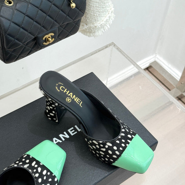 CHANEL POLKA DOT PATTERN MULES IN BLACK MIX GREEN FUR