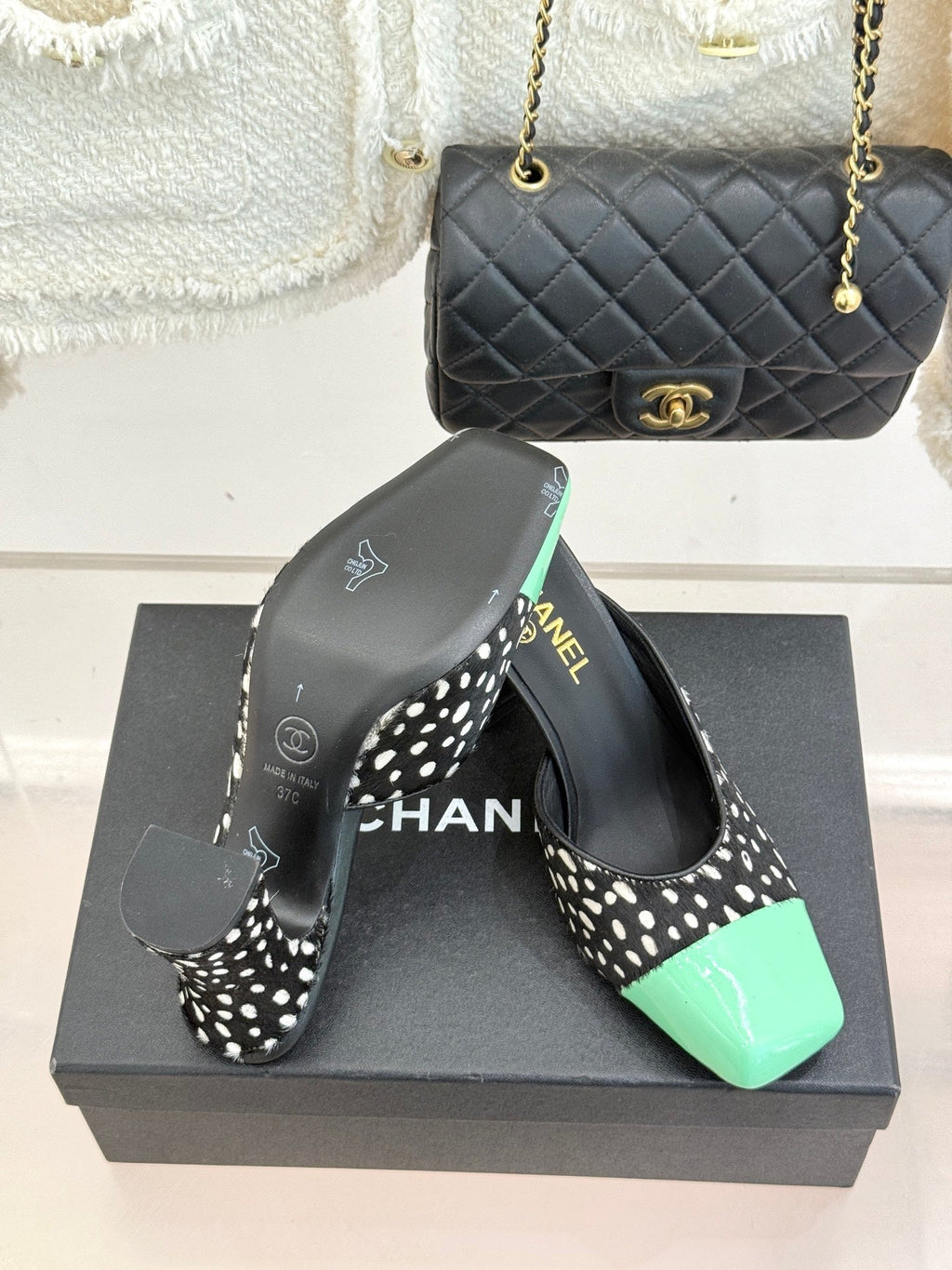 CHANEL POLKA DOT PATTERN MULES IN BLACK MIX GREEN FUR