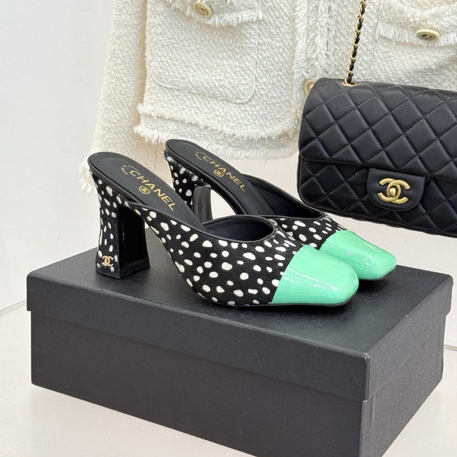 CHANEL POLKA DOT PATTERN MULES IN BLACK MIX GREEN FUR