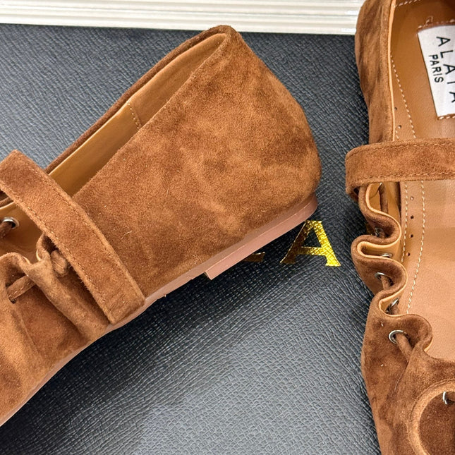 ALAIA 26S MARY JANE FLATS IN BROWN SUEDE WITH BOW