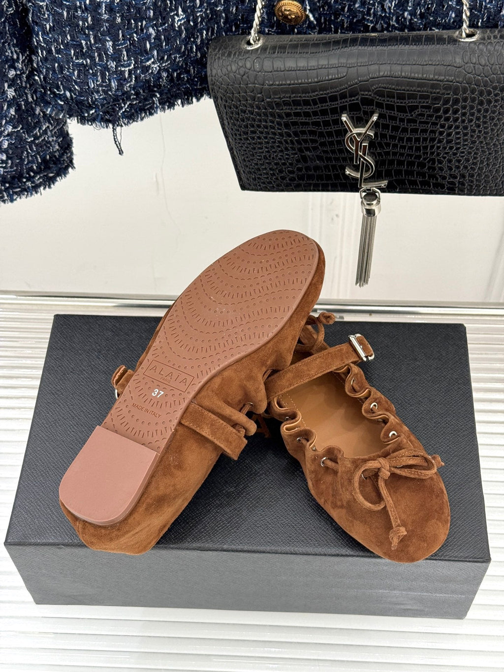 ALAIA 26S MARY JANE FLATS IN BROWN SUEDE WITH BOW