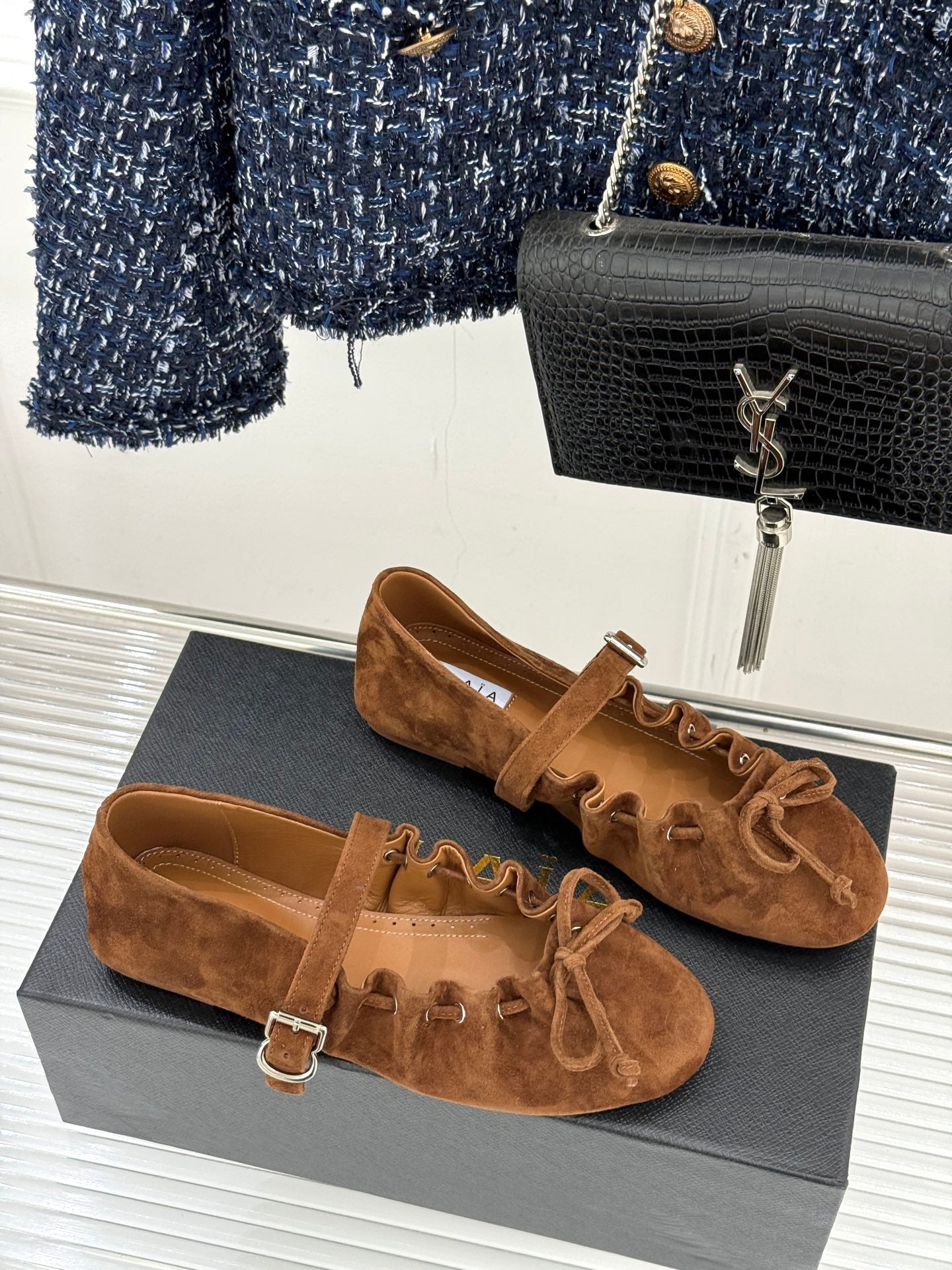 ALAIA 26S MARY JANE FLATS IN BROWN SUEDE WITH BOW