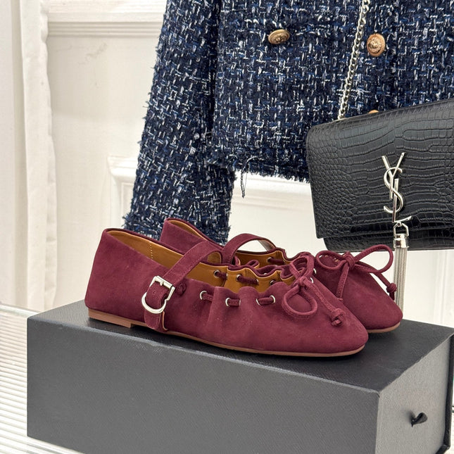 ALAIA 26S MARY JANE FLATS IN DARK RED SUEDE WITH BOW