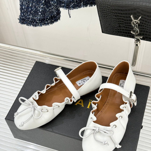 ALAIA 26S MARY JANE FLATS IN WHITE LAMBSKIN WITH BOW