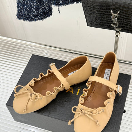 ALAIA 26S MARY JANE FLATS IN LIGHT YELLOW BEIGE LAMBSKIN WITH BOW