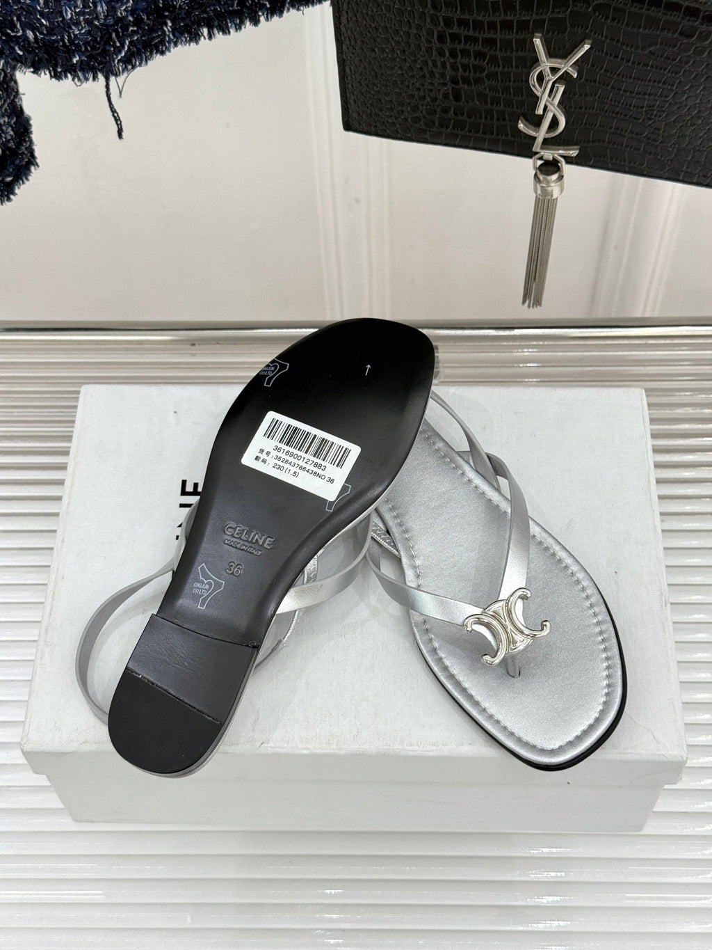 CELINE 26S THONG SANDALS IN SILVER CALFSKIN