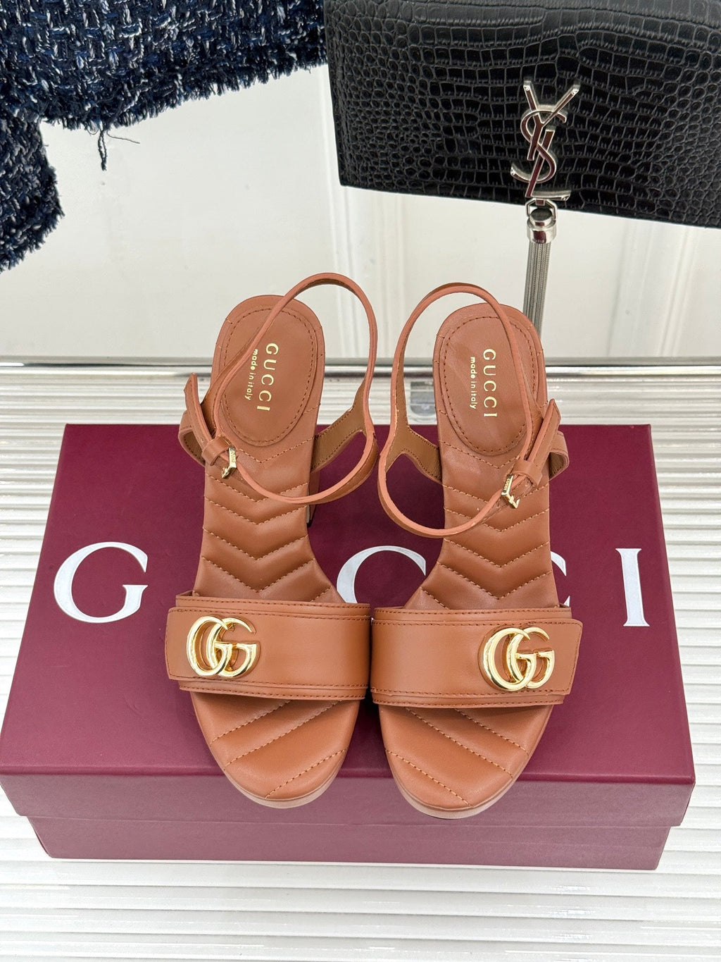 GUCCI 26S HIGH-HEELED SANDALS 120 MM IN BROWN CALFSKIN