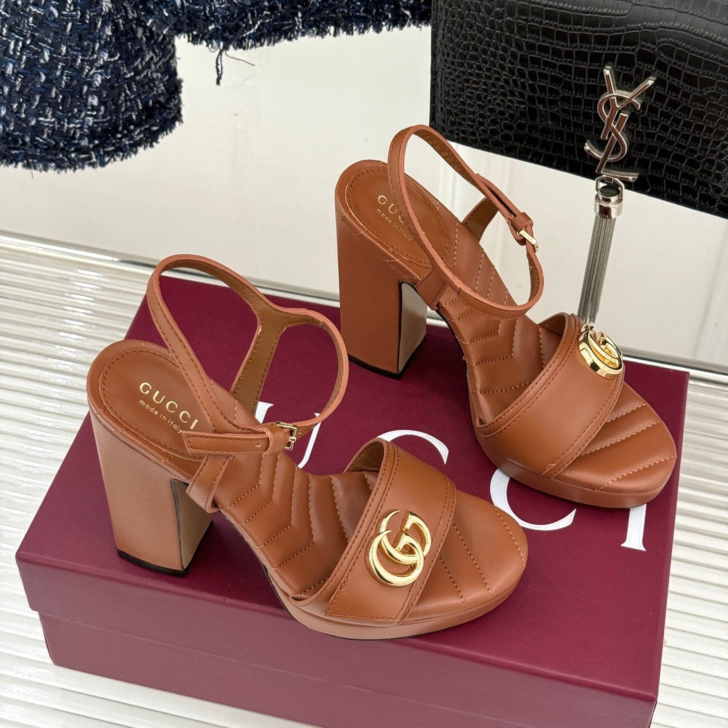 GUCCI 26S HIGH-HEELED SANDALS 120 MM IN BROWN CALFSKIN