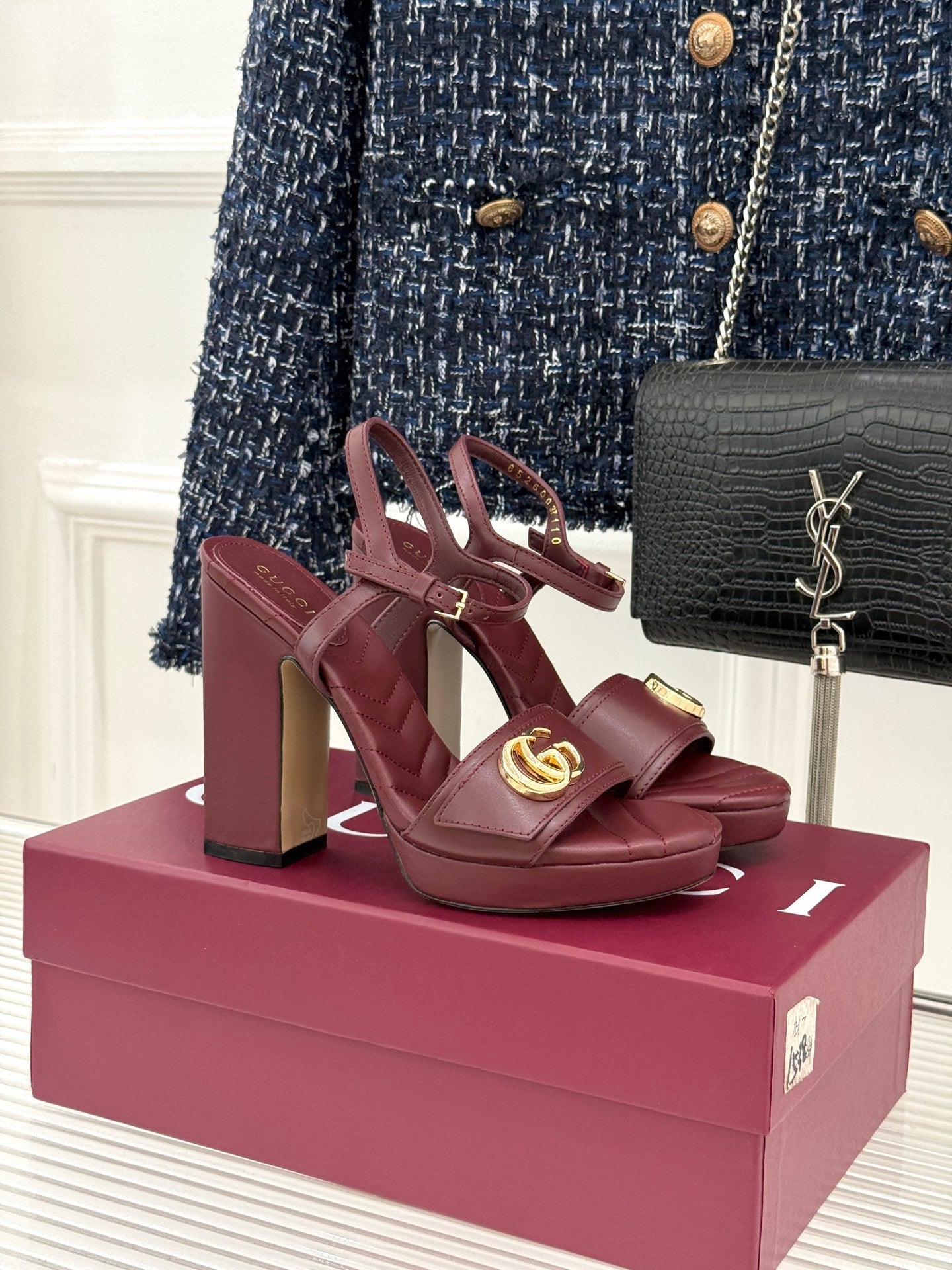 GUCCI 26S HIGH-HEELED SANDALS 120 MM IN DARK RED CALFSKIN