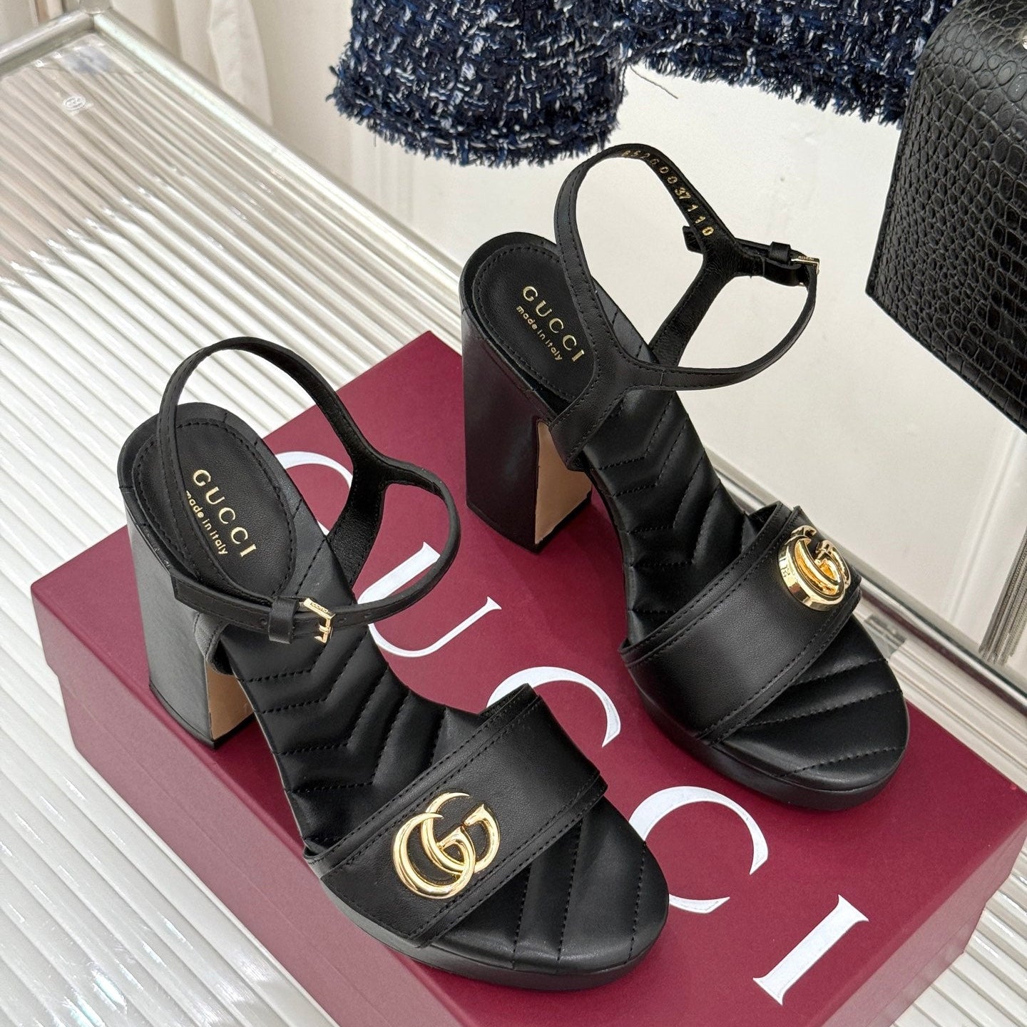 GUCCI 26S HIGH-HEELED SANDALS 120 MM IN BLACK CALFSKIN