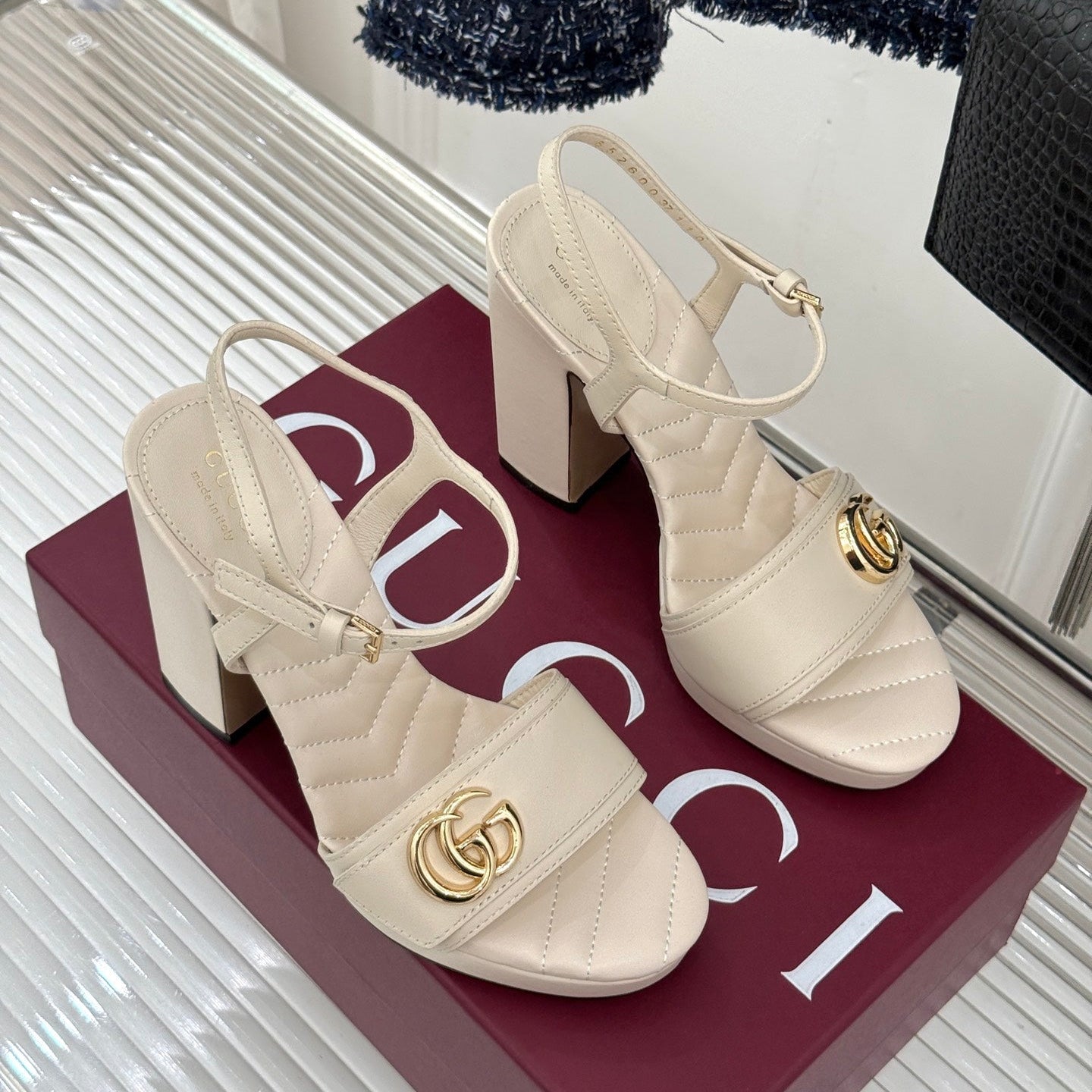 GUCCI 26S HIGH-HEELED SANDALS 120 MM IN CREAM WHITE CALFSKIN