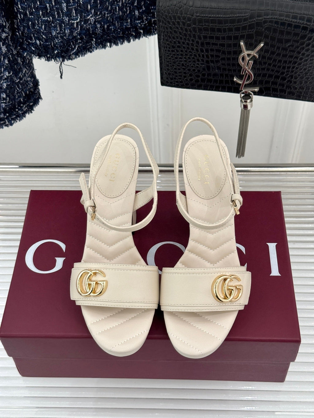 GUCCI 26S HIGH-HEELED SANDALS 120 MM IN CREAM WHITE CALFSKIN