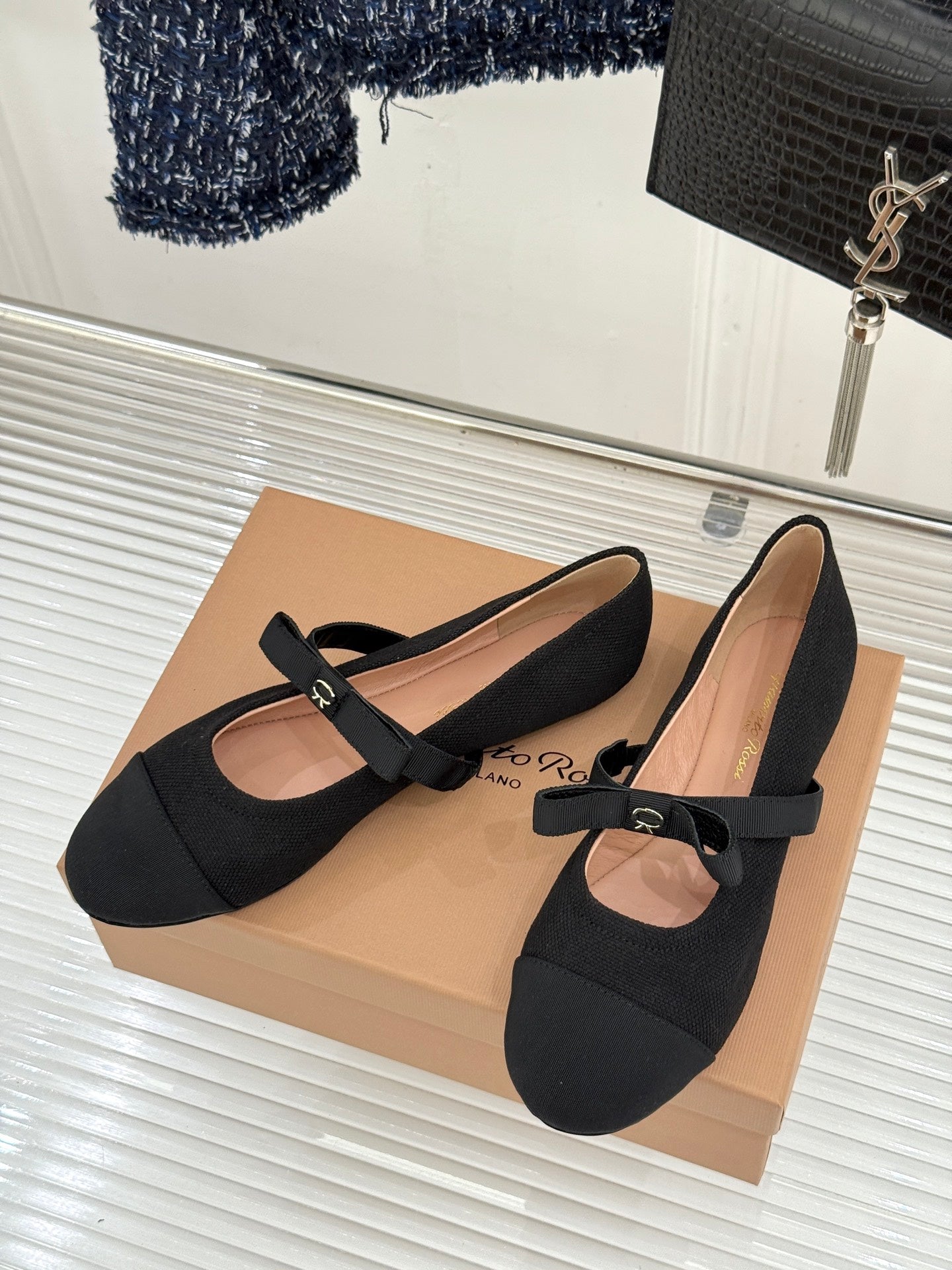 GIANVITO ROSSI 26S MARY JANE FLATS IN BLACK FABRIC
