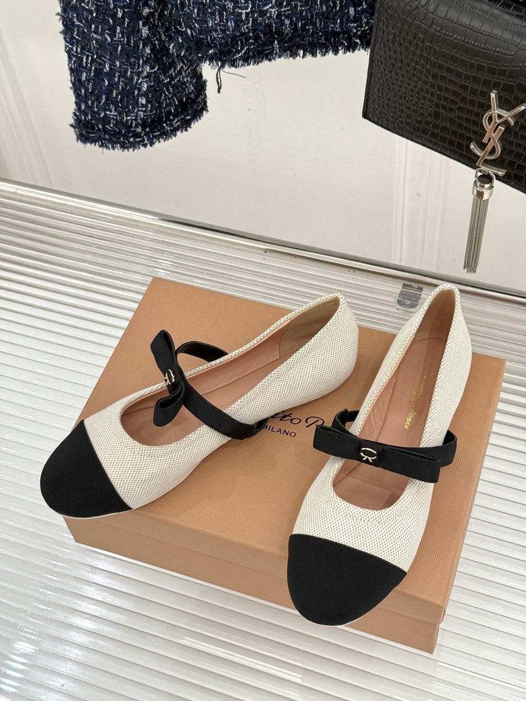 GIANVITO ROSSI 26S MARY JANE FLATS IN BLACK AND WHITE FABRIC
