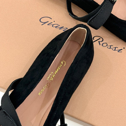GIANVITO ROSSI 26S MARY JANE FLATS IN BLACK SUEDE AND FABRIC