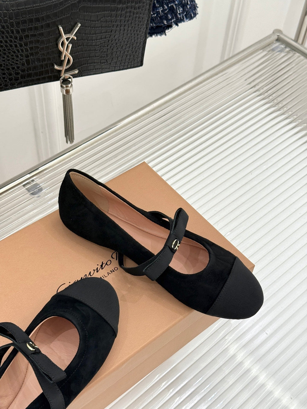 GIANVITO ROSSI 26S MARY JANE FLATS IN BLACK SUEDE AND FABRIC