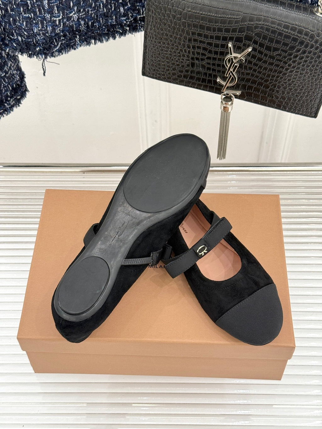 GIANVITO ROSSI 26S MARY JANE FLATS IN BLACK SUEDE AND FABRIC