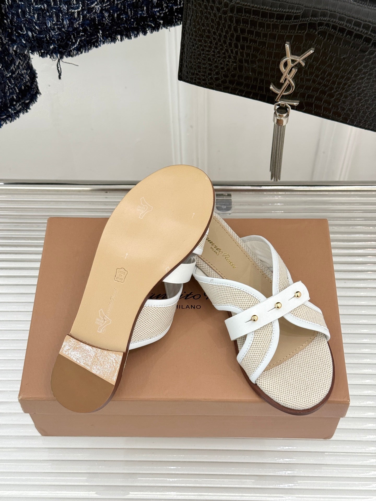 GIANVITO ROSSI 26S STUDDED FLAT SANDALS IN BEIGE CANVAS AND WHITE CALFSKIN