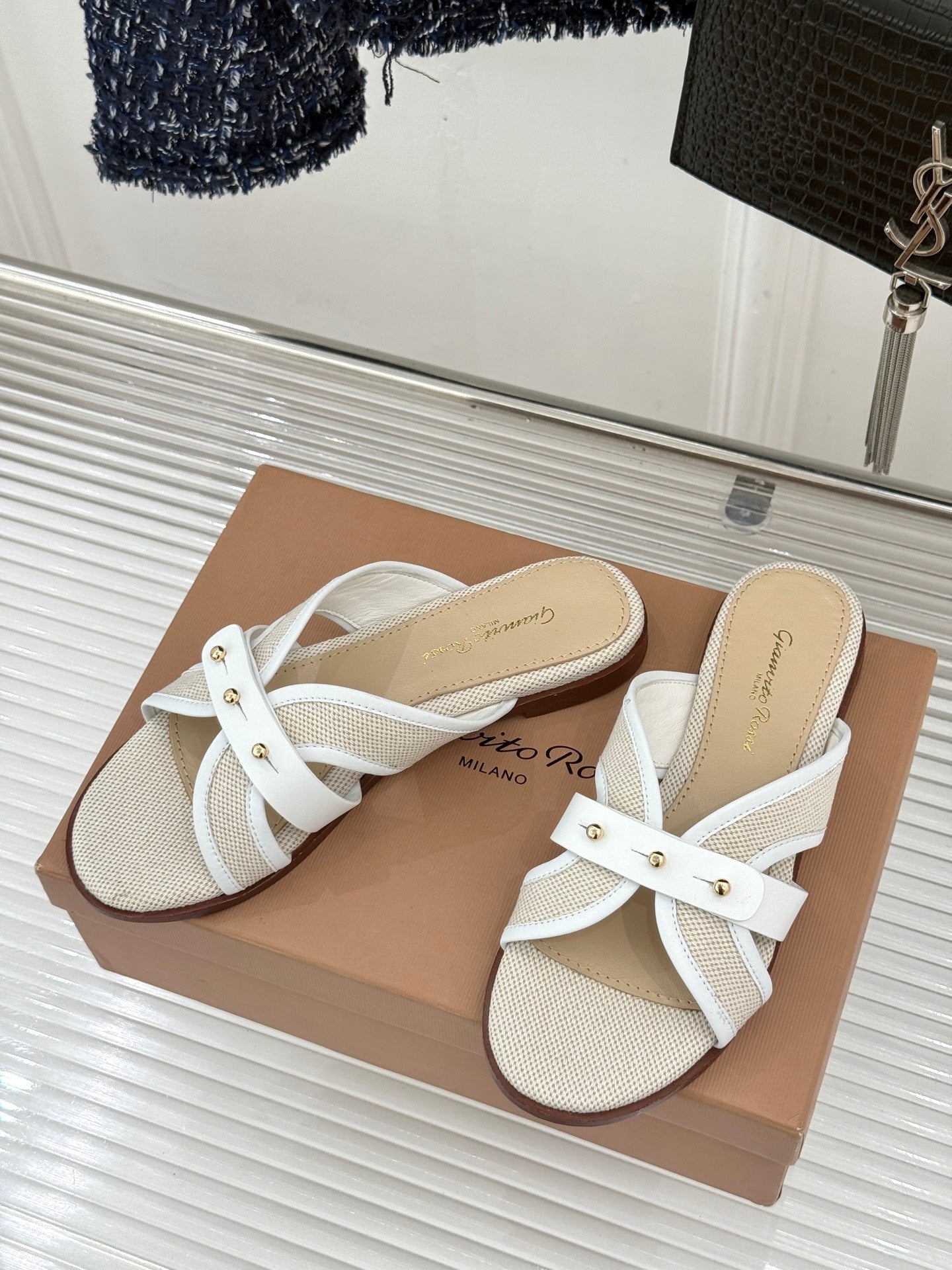 GIANVITO ROSSI 26S STUDDED FLAT SANDALS IN BEIGE CANVAS AND WHITE CALFSKIN