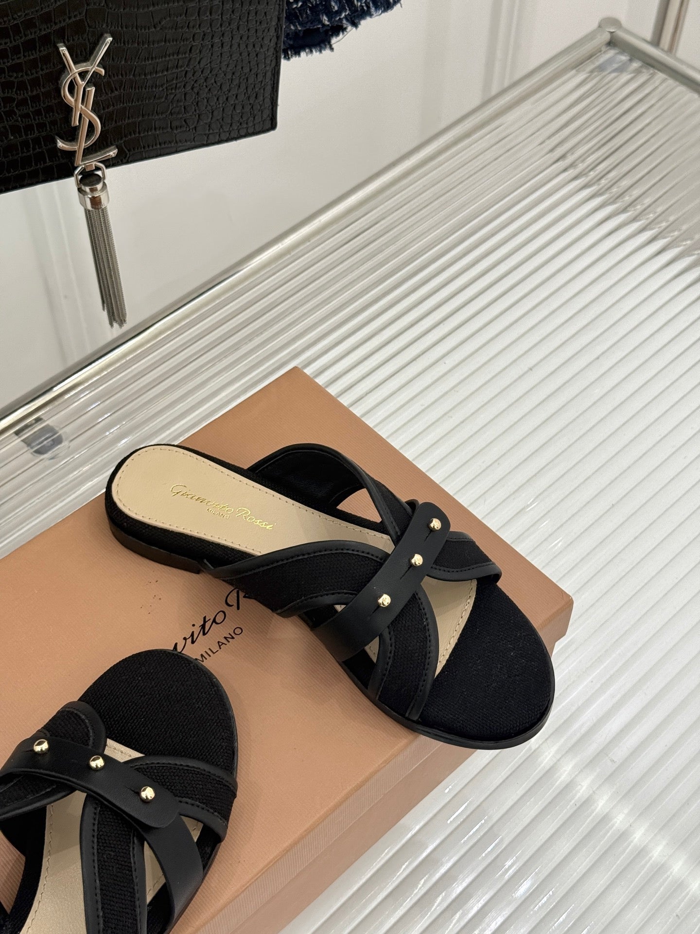 GIANVITO ROSSI 26S STUDDED FLAT SANDALS IN BLACK CANVAS AND CALFSKIN