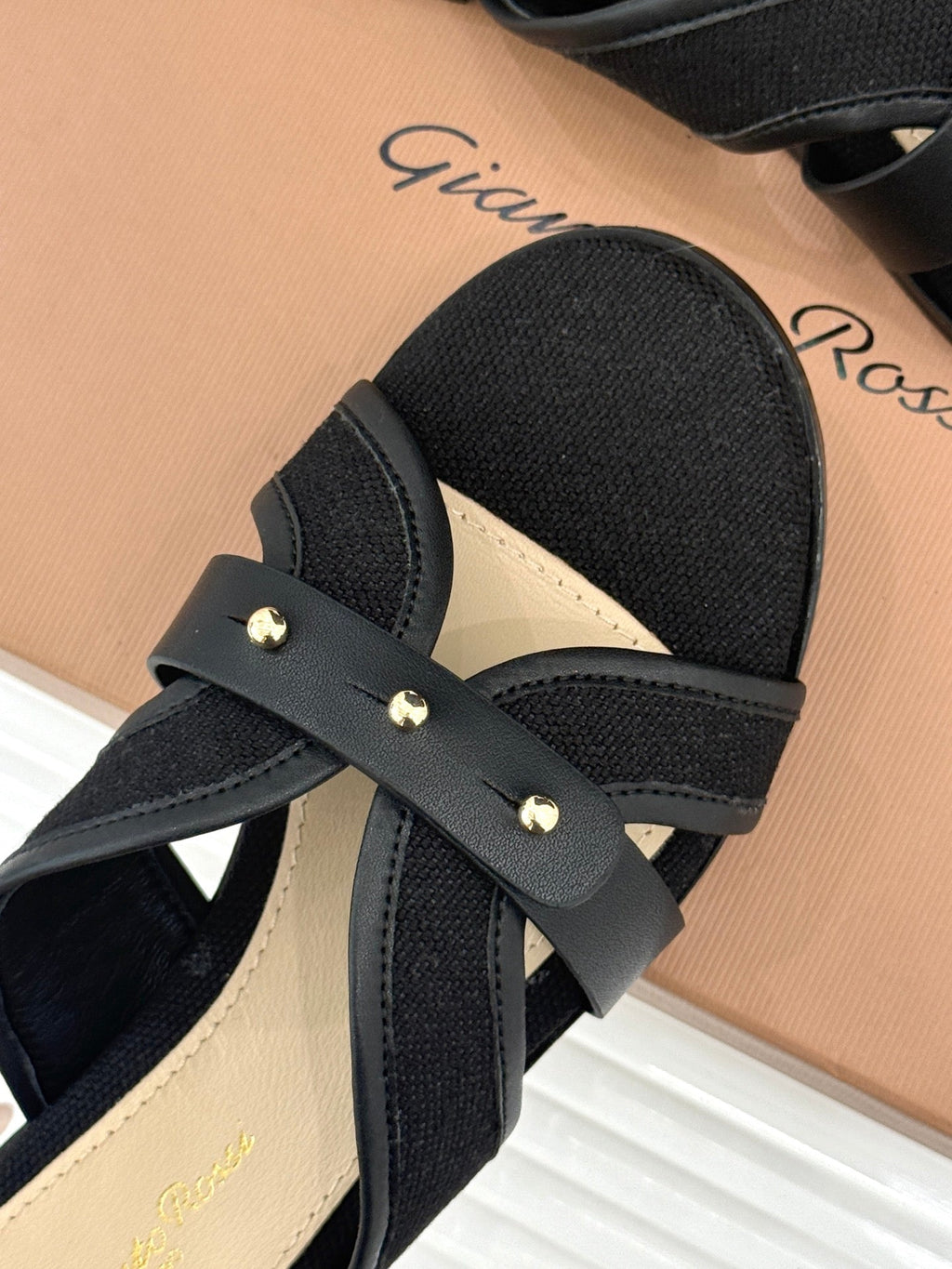 GIANVITO ROSSI 26S STUDDED FLAT SANDALS IN BLACK CANVAS AND CALFSKIN