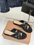 GIANVITO ROSSI 26S STUDDED FLAT SANDALS IN BLACK CANVAS AND CALFSKIN