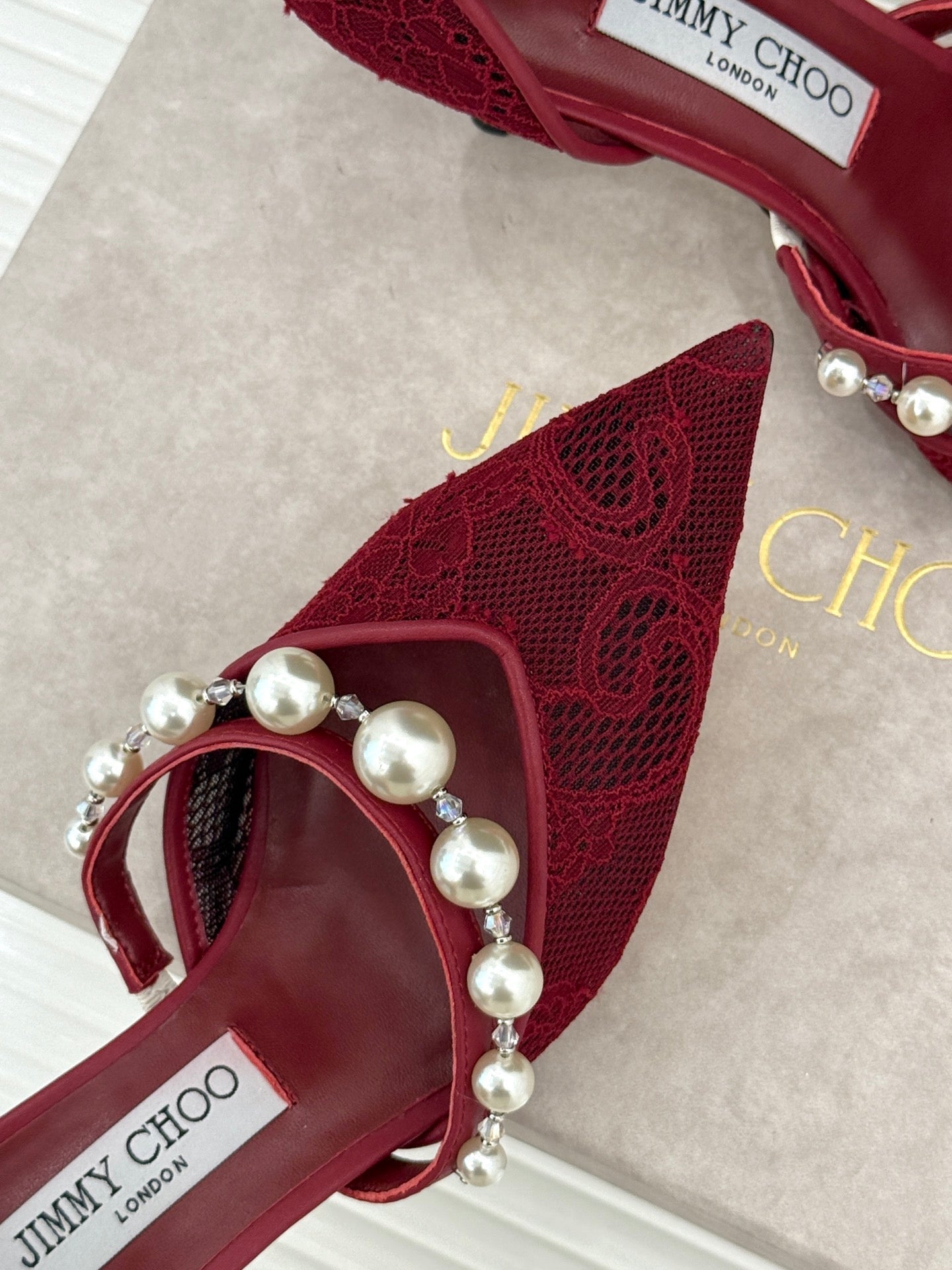 JIMMY CHOO 26S HIGH HEELS 65 MM IN DARK RED LACE PEARL-EMBELLISHED