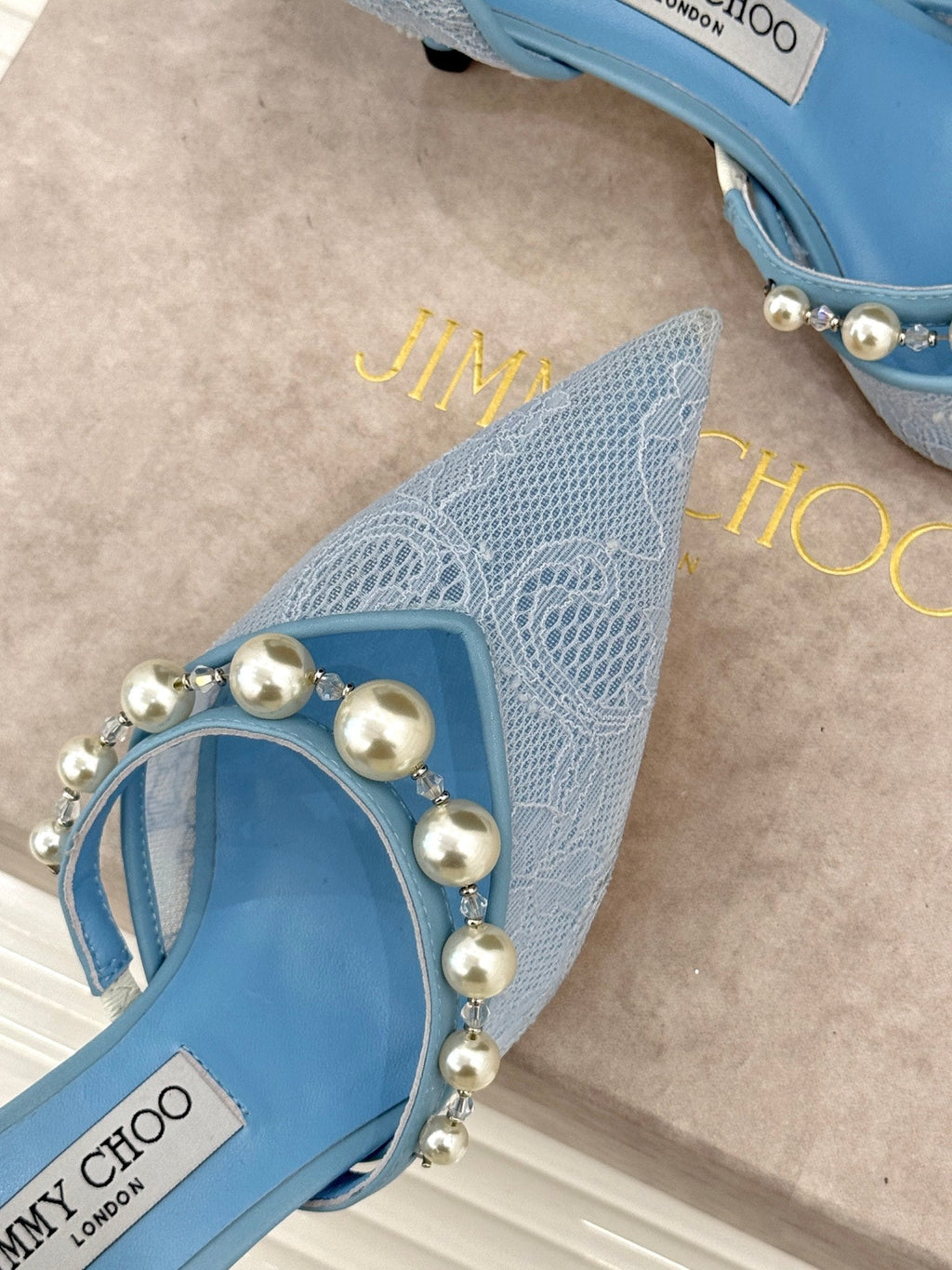 JIMMY CHOO 26S HIGH HEELS 65 MM IN SKY BLUE LACE PEARL-EMBELLISHED