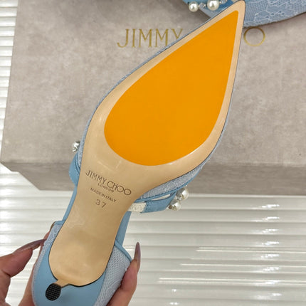 JIMMY CHOO 26S HIGH HEELS 65 MM IN SKY BLUE LACE PEARL-EMBELLISHED