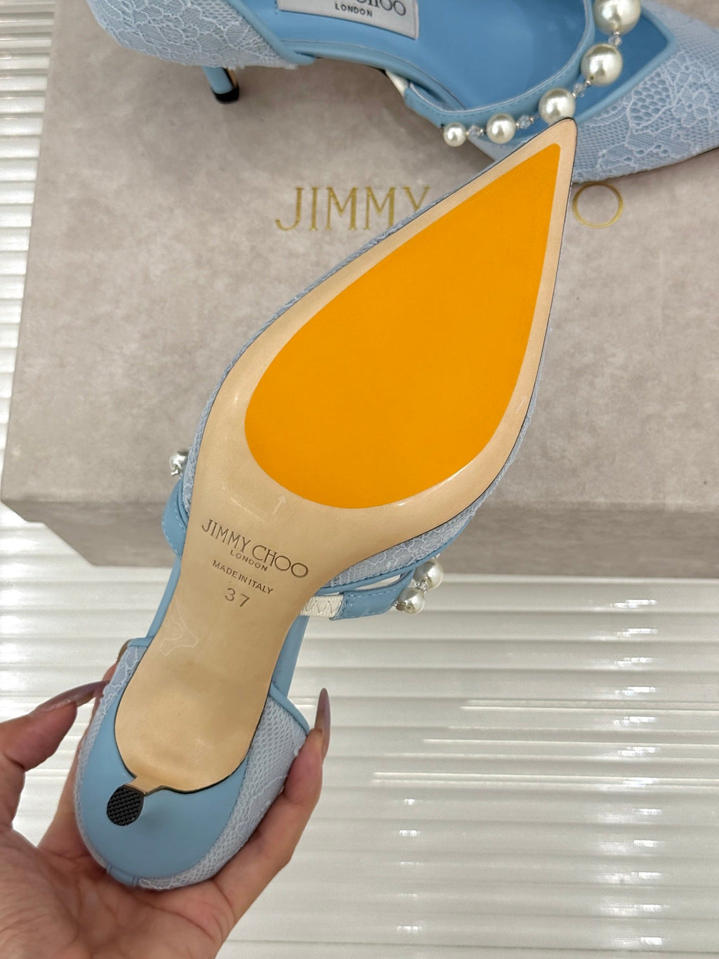 JIMMY CHOO 26S HIGH HEELS 65 MM IN SKY BLUE LACE PEARL-EMBELLISHED