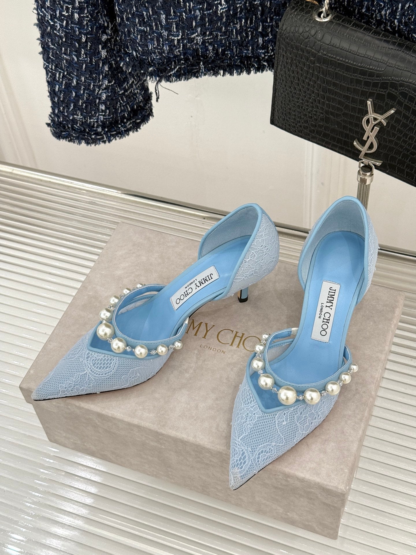 JIMMY CHOO 26S HIGH HEELS 65 MM IN SKY BLUE LACE PEARL-EMBELLISHED