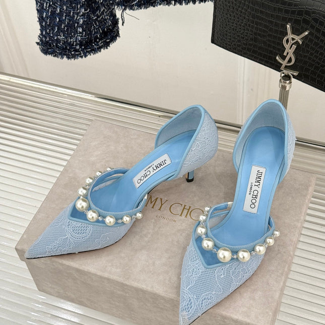 JIMMY CHOO 26S HIGH HEELS 65 MM IN SKY BLUE LACE PEARL-EMBELLISHED