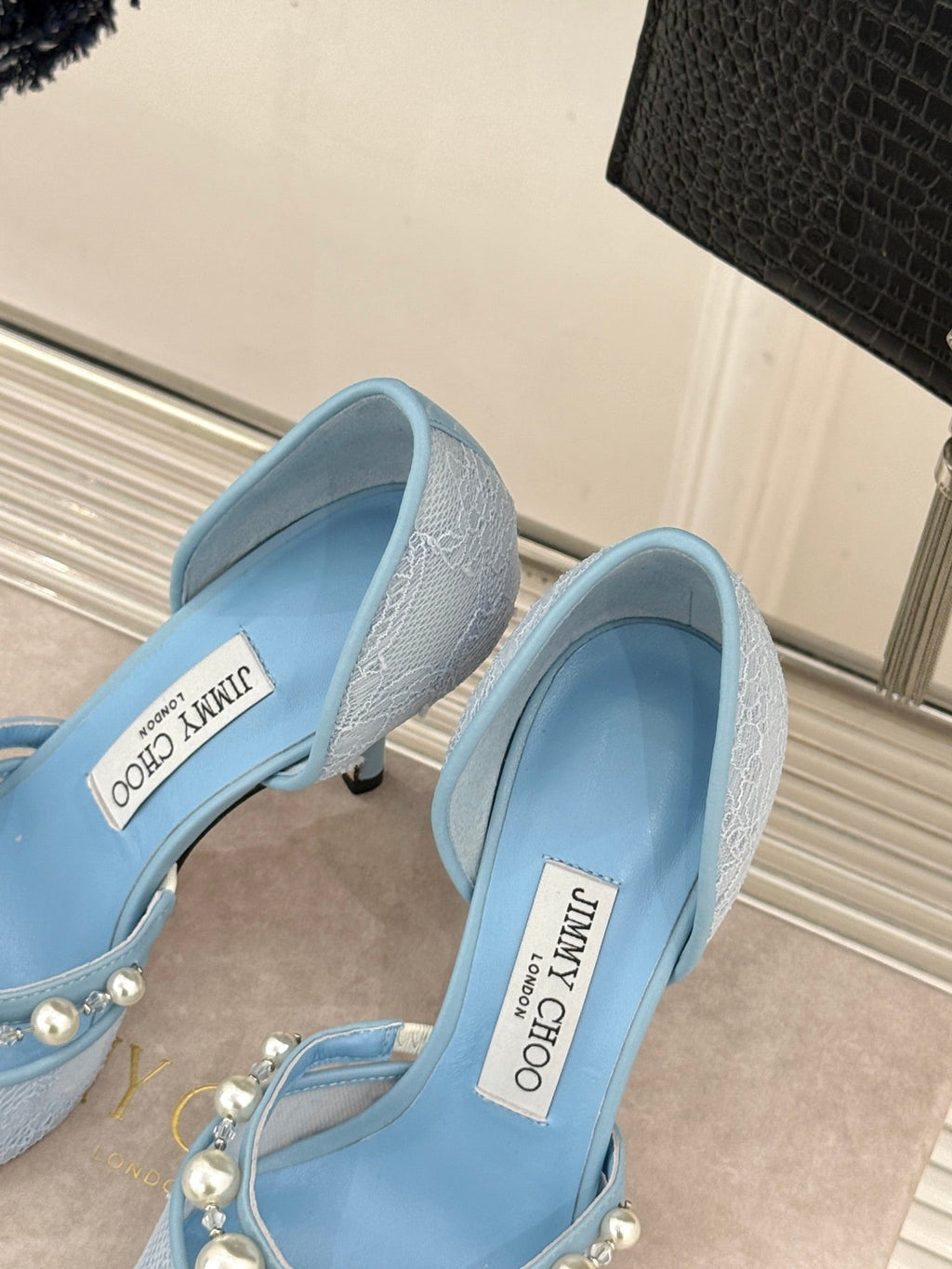 JIMMY CHOO 26S HIGH HEELS 85 MM IN SKY BLUE LACE PEARL-EMBELLISHED