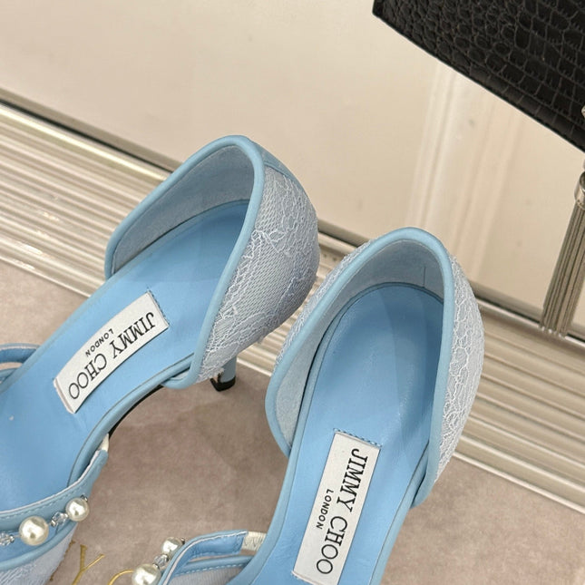 JIMMY CHOO 26S HIGH HEELS 85 MM IN SKY BLUE LACE PEARL-EMBELLISHED