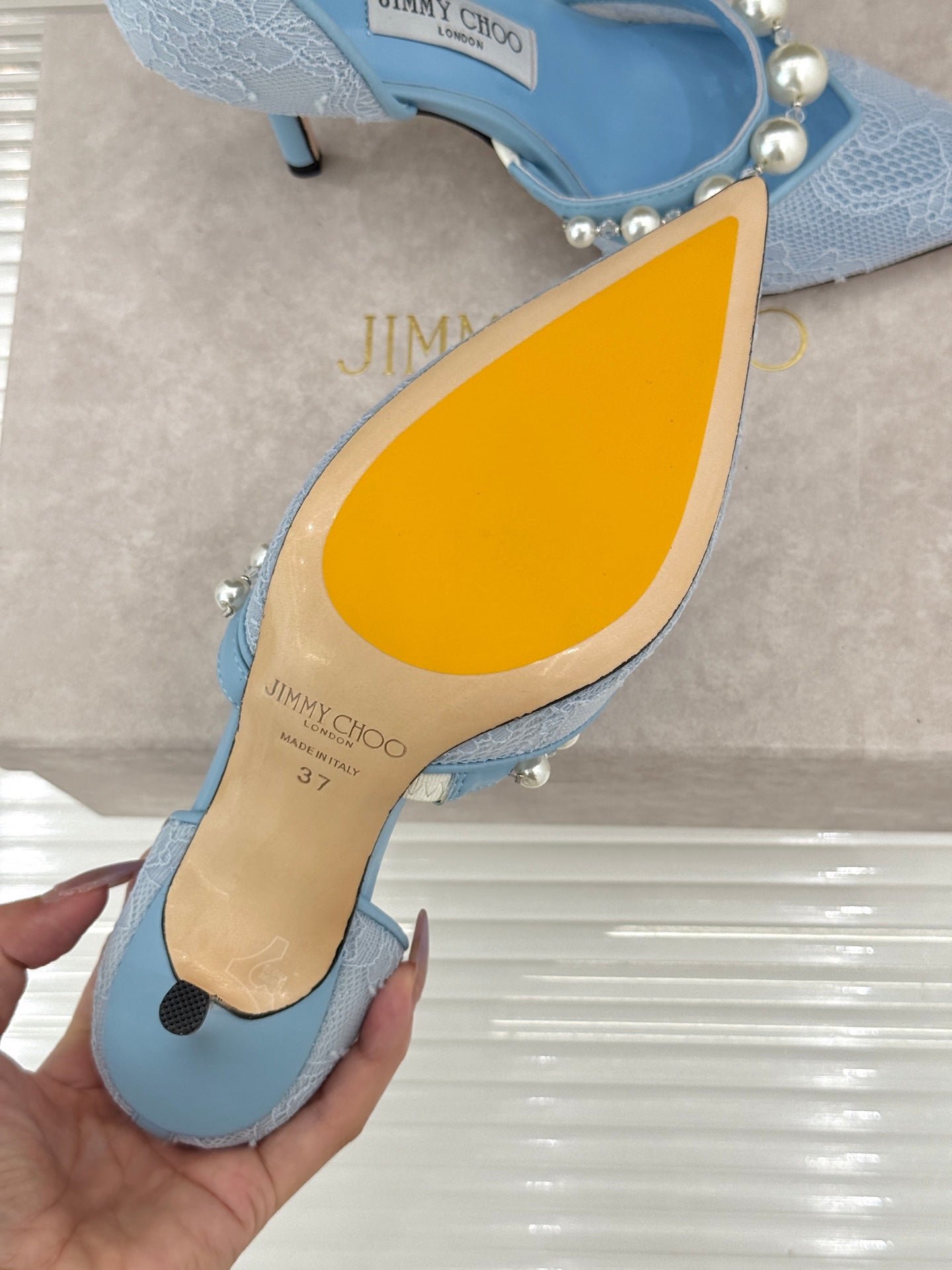 JIMMY CHOO 26S HIGH HEELS 85 MM IN SKY BLUE LACE PEARL-EMBELLISHED