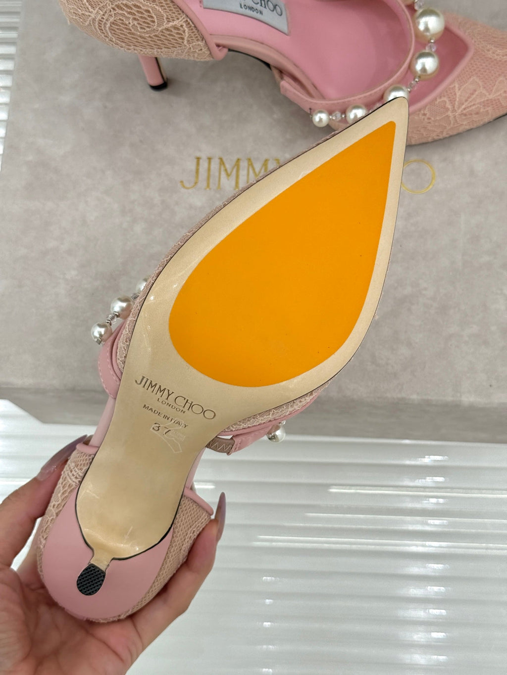 JIMMY CHOO 26S HIGH HEELS 65 MM IN LIGHT PINK LACE PEARL-EMBELLISHED