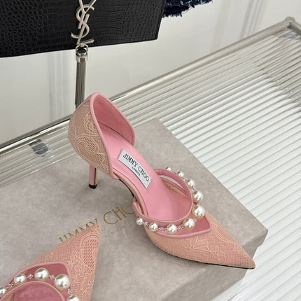 JIMMY CHOO 26S HIGH HEELS 65 MM IN LIGHT PINK LACE PEARL-EMBELLISHED