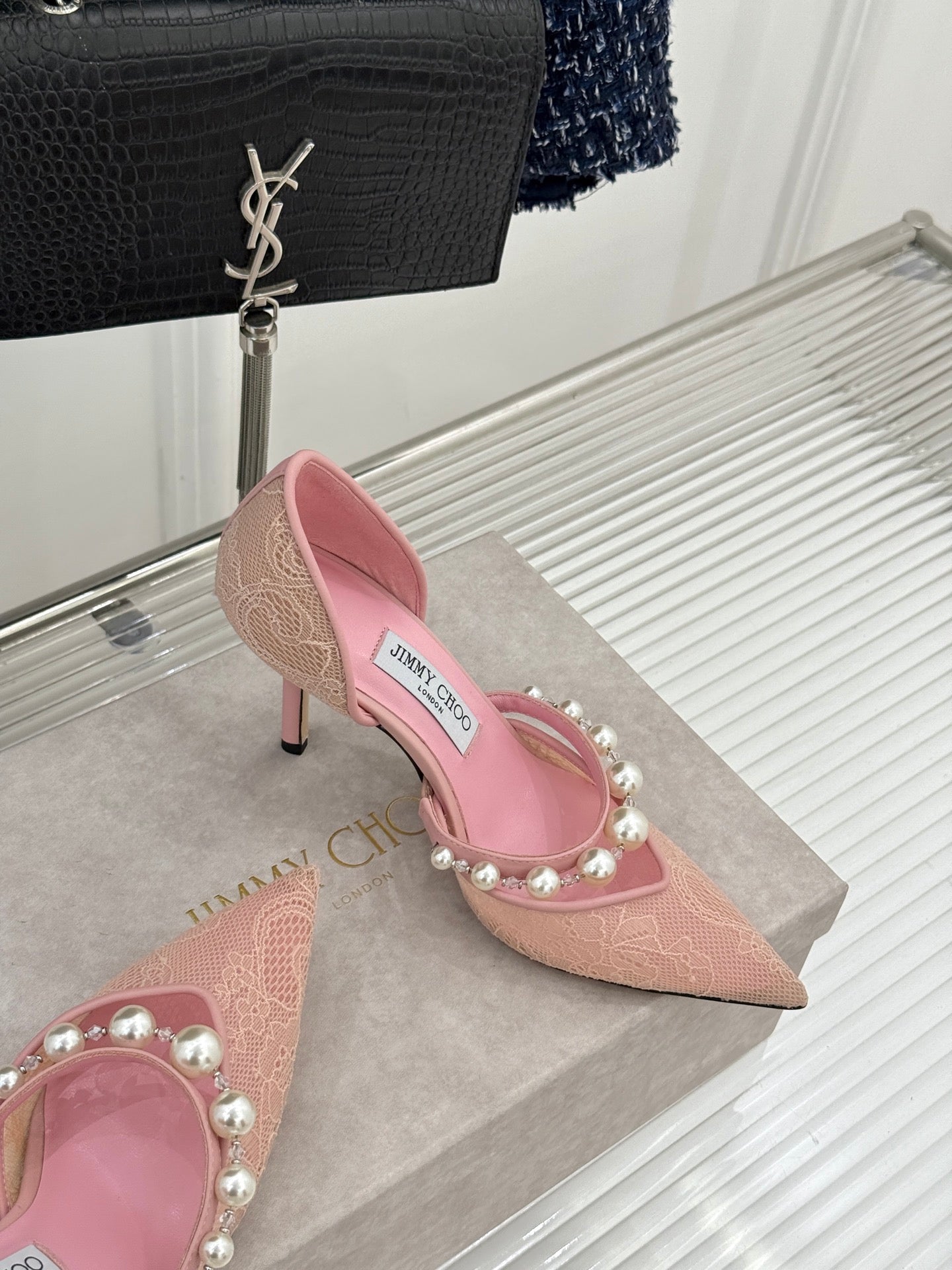 JIMMY CHOO 26S HIGH HEELS 65 MM IN LIGHT PINK LACE PEARL-EMBELLISHED