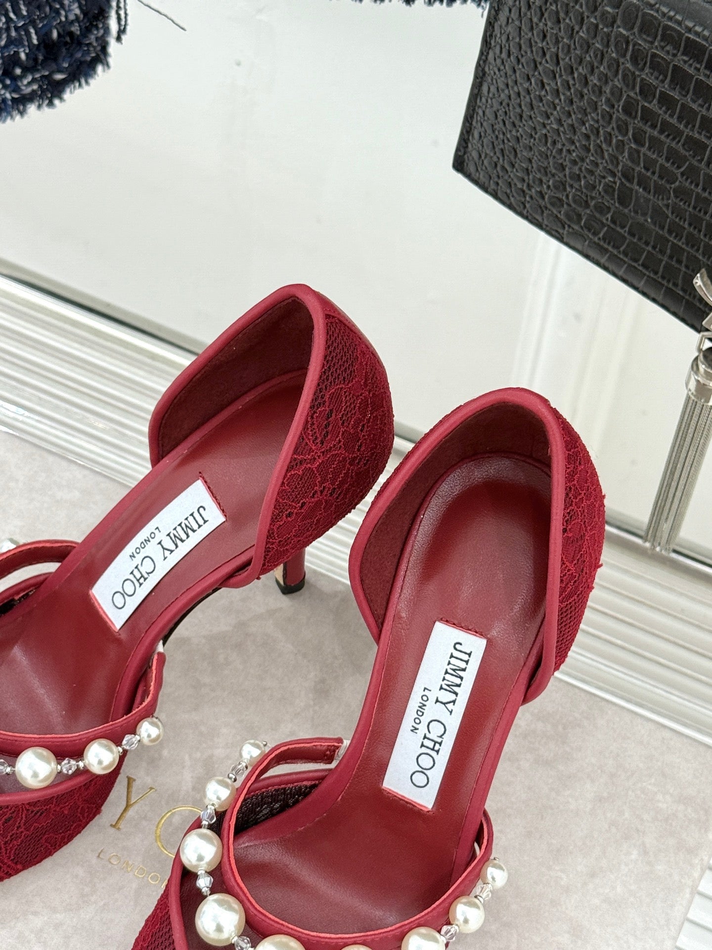 JIMMY CHOO 26S HIGH HEELS 85 MM IN DARK RED LACE PEARL-EMBELLISHED