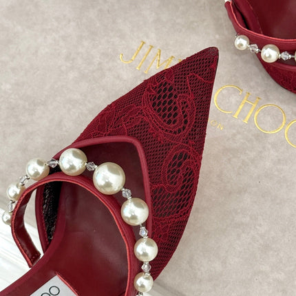 JIMMY CHOO 26S HIGH HEELS 85 MM IN DARK RED LACE PEARL-EMBELLISHED