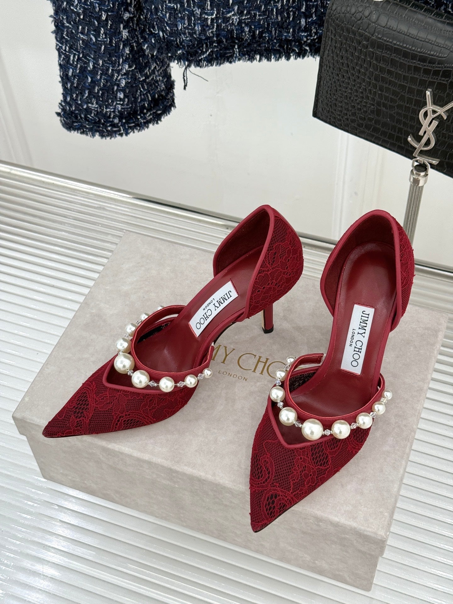 JIMMY CHOO 26S HIGH HEELS 85 MM IN DARK RED LACE PEARL-EMBELLISHED