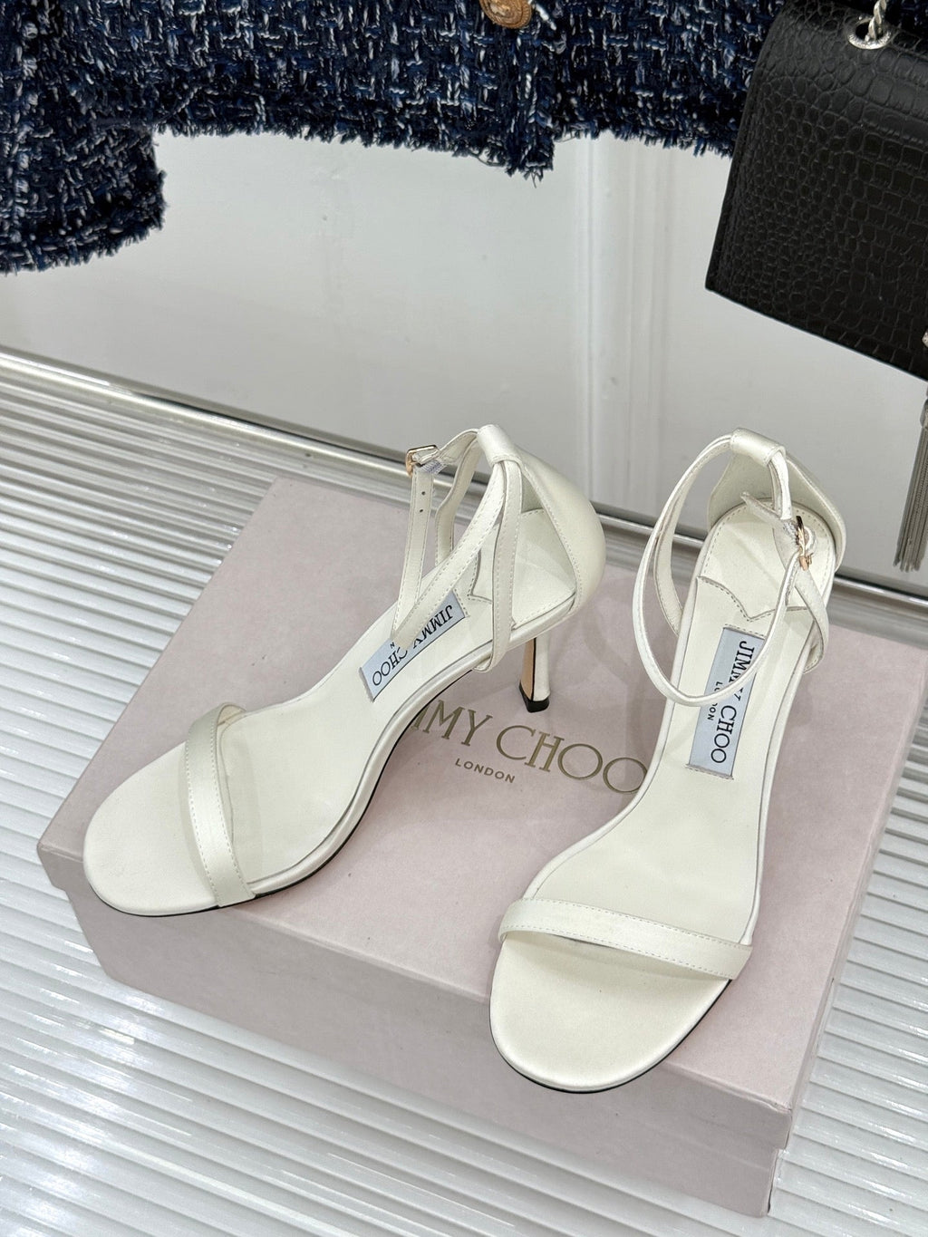 JIMMY CHOO 26S HIGH-HEEL SANDALS 100 MM IN WHITE SATIN AND CALFSKIN